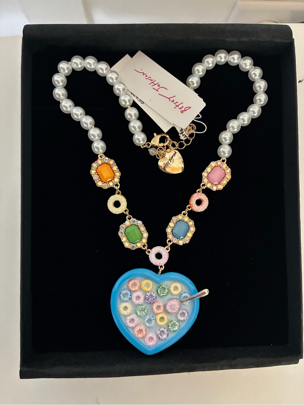 Betsey Johnson Heart Cereal Bowl and Pearl Necklace w/ Multicolor Gem Accents